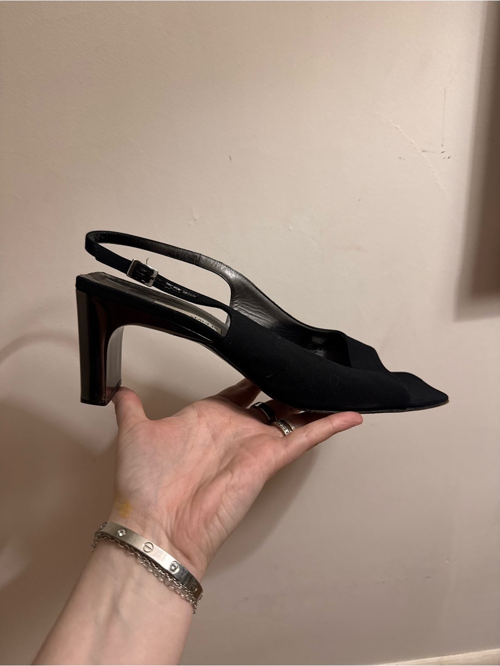 Vintage Y2K Bruno Magli Made in Italy Black Stretch Slingback Block Heel Sandals